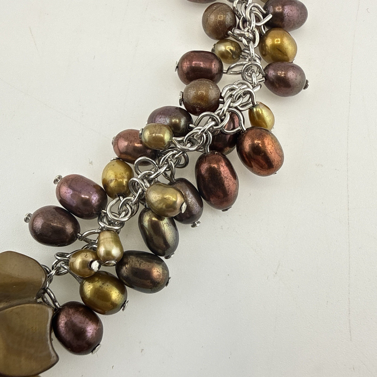 Tigers Eye Pearl Necklace Earrings Set Floral Waterfall Cluster Silver Tone QVC
