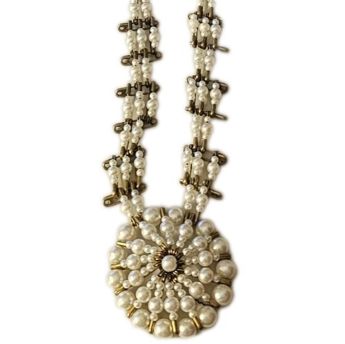 VTG Handcrafted Boho ’70s Safety Pin White Bead Faux Pearl Necklace 27″L Upcycle