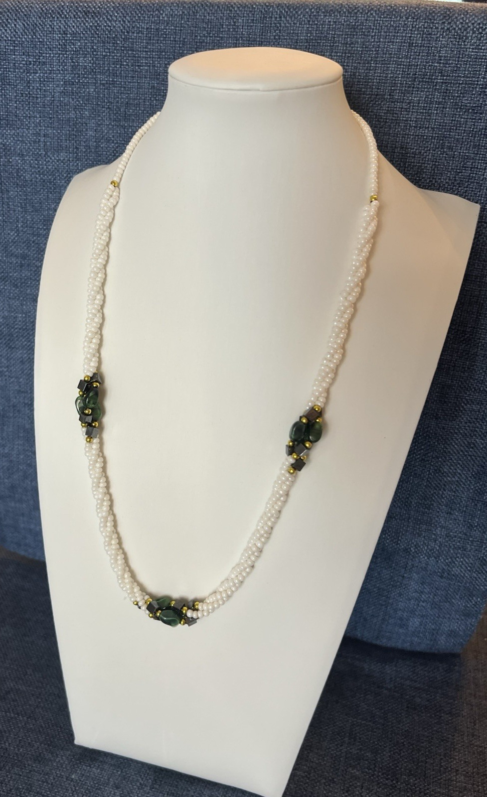 Torsade Necklace-3 Twisted Strands -White Seed Beads w/Green and Black Beads VTG