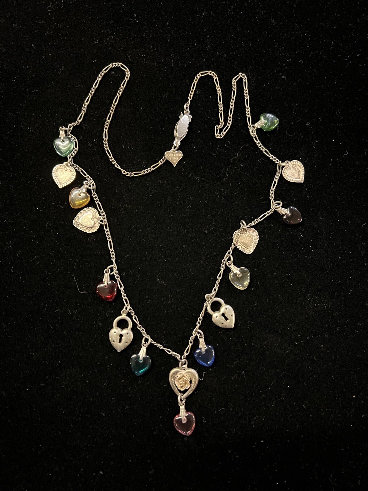 Vintage Glass Works Studio Anne Koplik Heart Charm Necklace Silver Tone—669