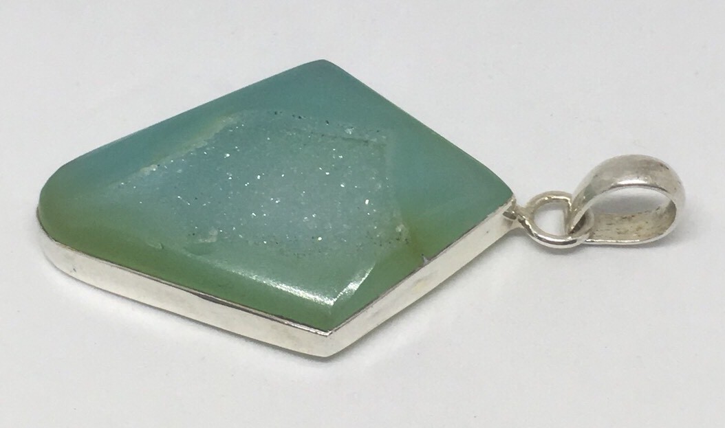 Natural Green Geode Pendant Polished Edges w/ Crystals in Sterling 15.9 grams