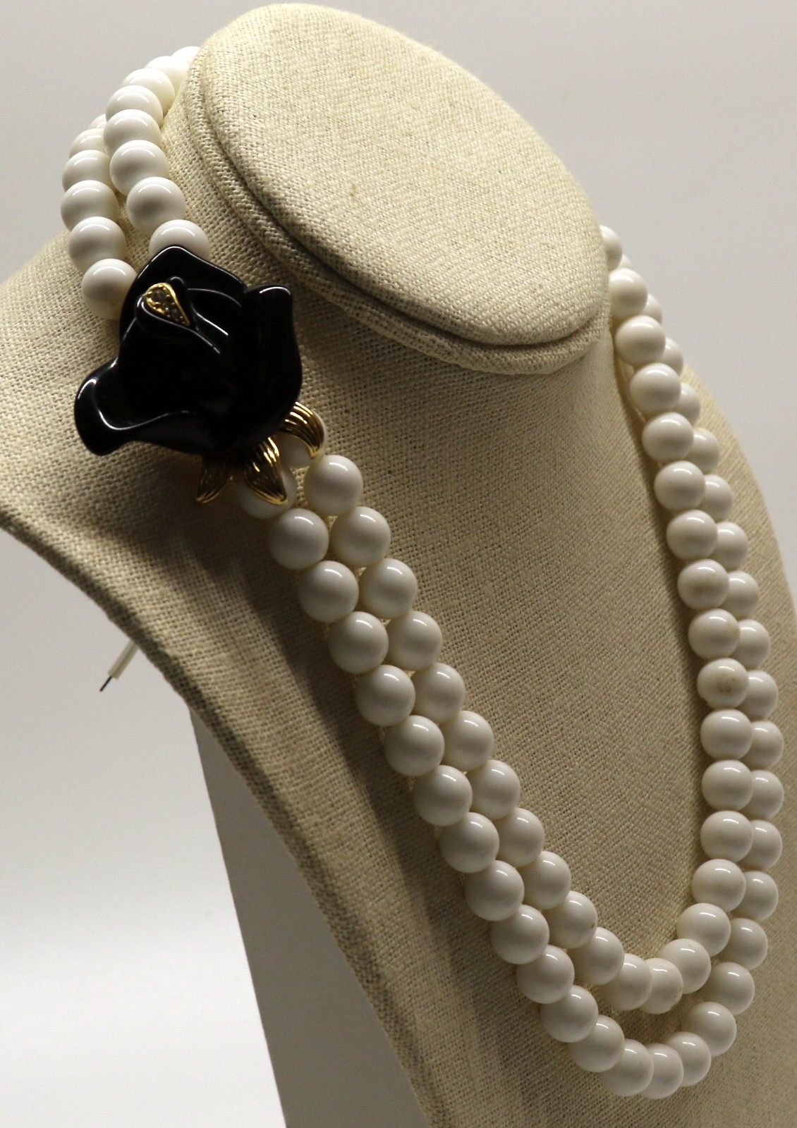 1980s KJL For AVON Signed Black Midnight Rose White Beaded Statement Necklace
