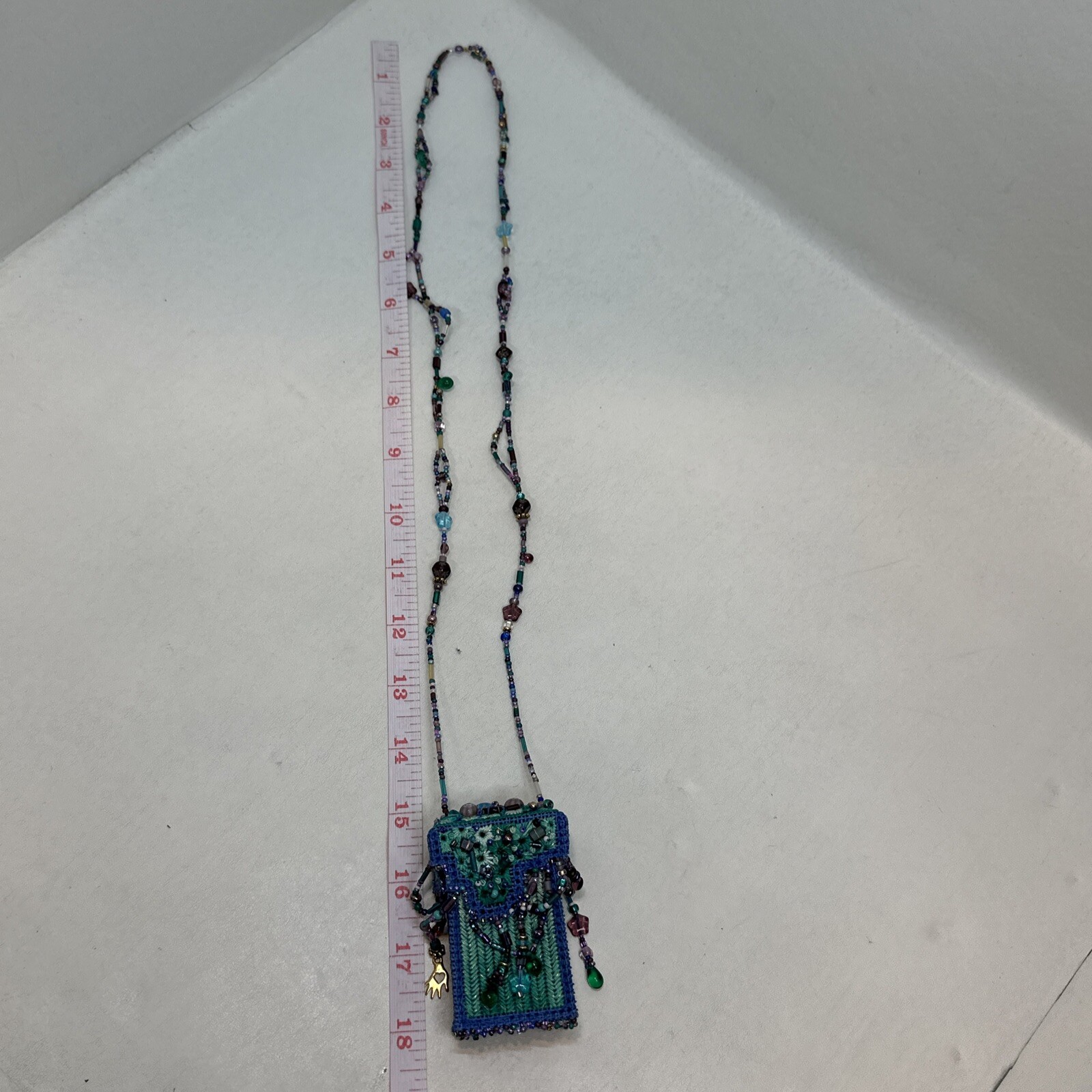Vintage Handmade Blue Seed Bead Purse Necklace With Beaded Fringe-Bo Ho-Hippie