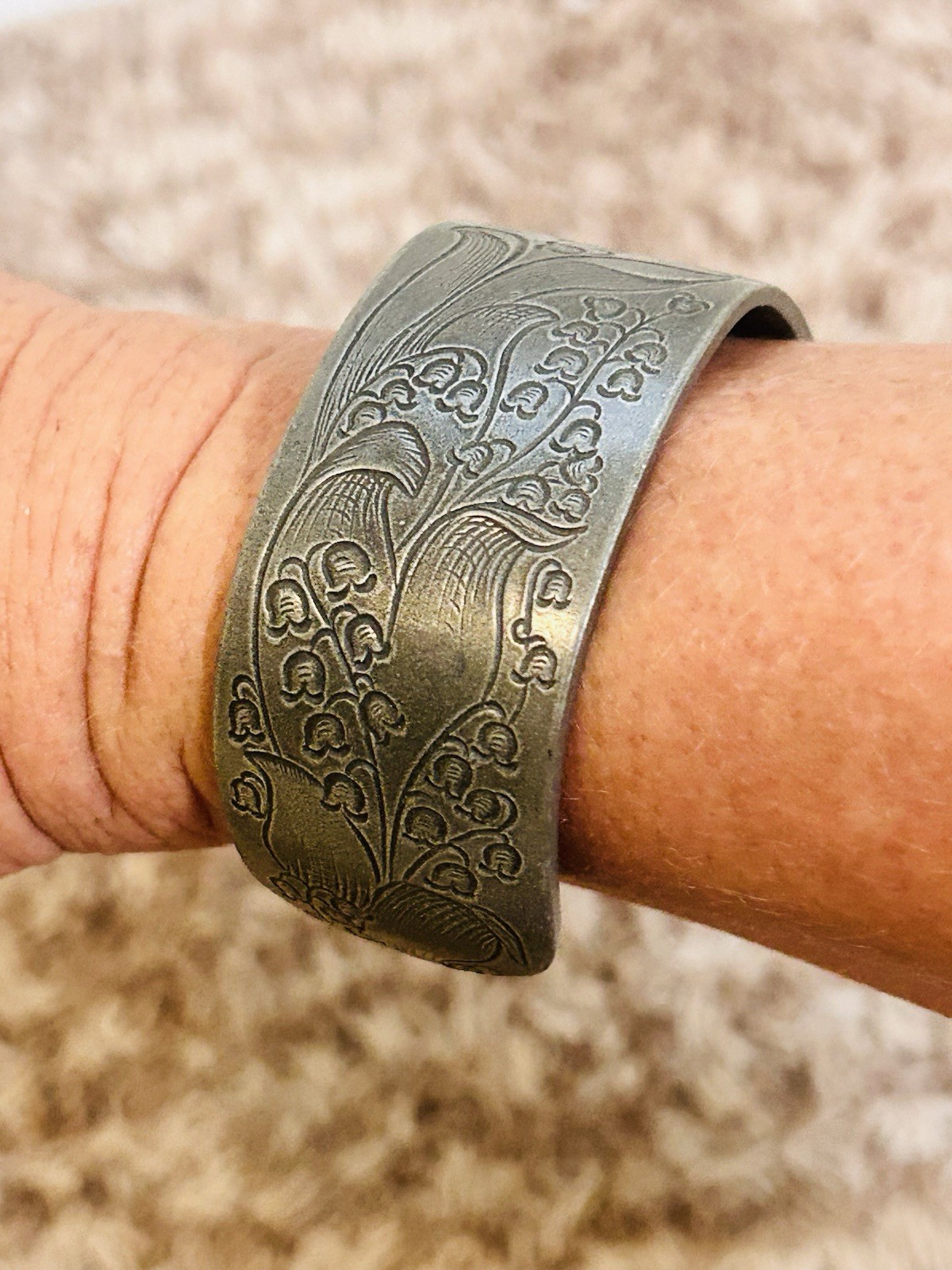 Vintage Salisbury Pewter Cuff Bracelet Floral Design Month Of May Engraved