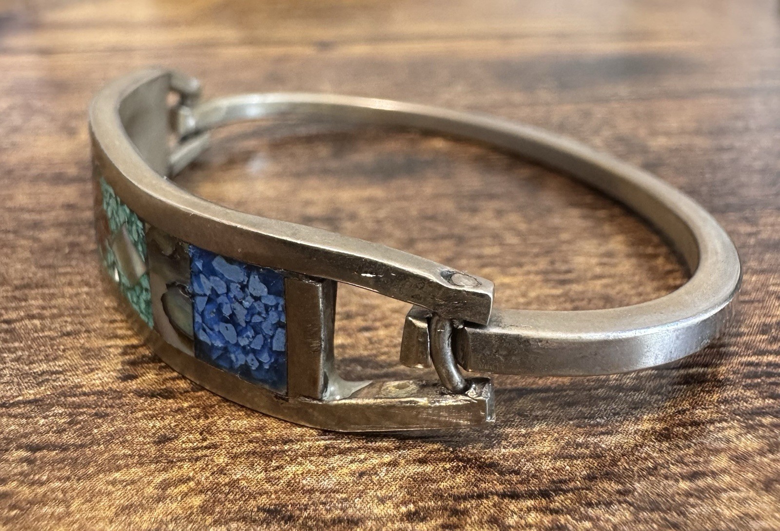 Vintage Taxco Mexico Alpaca Silver Chip Inlay Multi Stone Hinged Bracelet