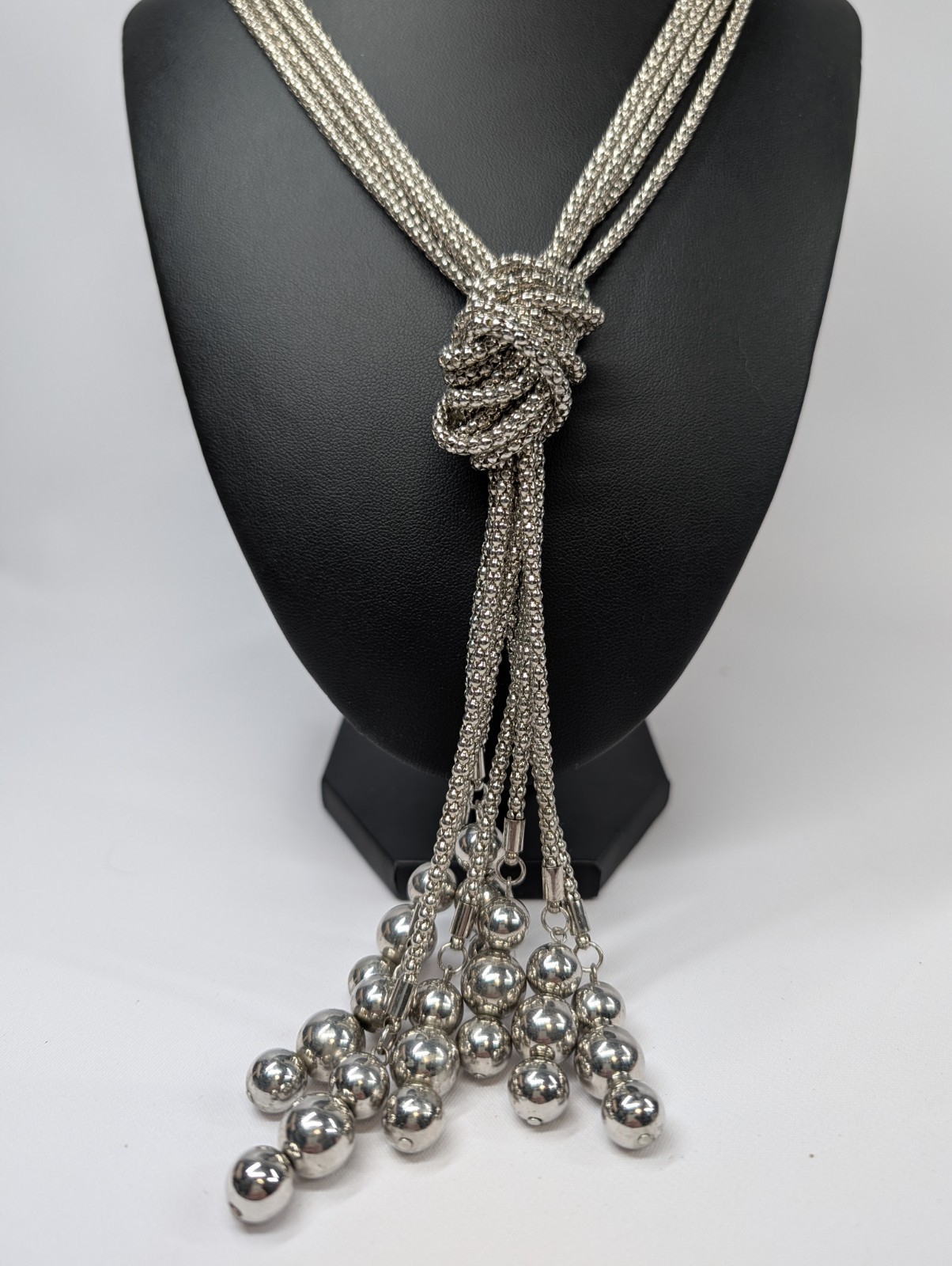 Silver Tone Multi Strand Popcorn Chain Knotted Lariat Tassel Ball Fringe Vtg