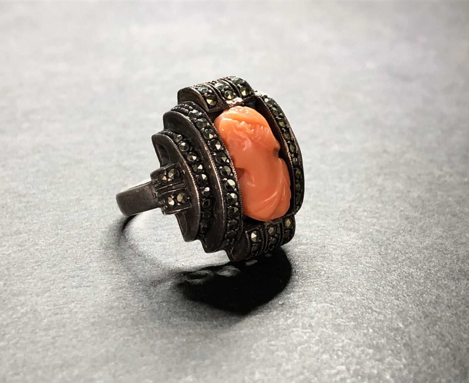 HEIRLOOM Antique EARLY VICTORIAN CORAL CAMEO Sterling Silver, Marcasite. German