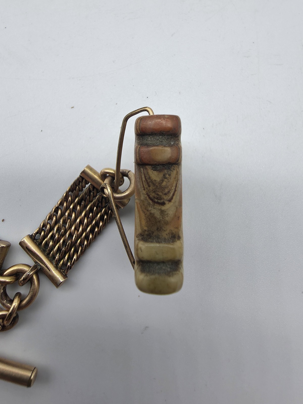 Antique Victorian Gold Filled 4 Strand Mesh Watch Fob Chain Slide Carved Agate
