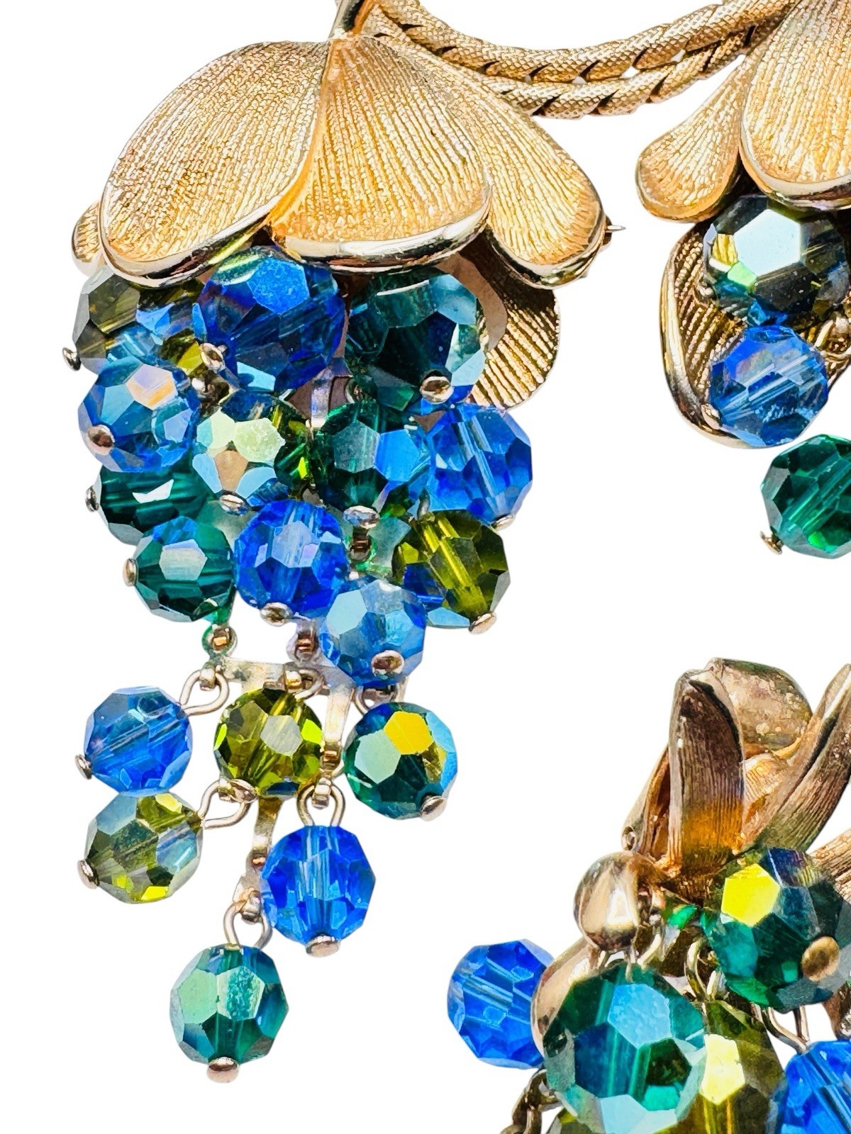 Vintage Schrager Blue Green AB Glass Dangle Bead Necklace Brooch Earrings Set