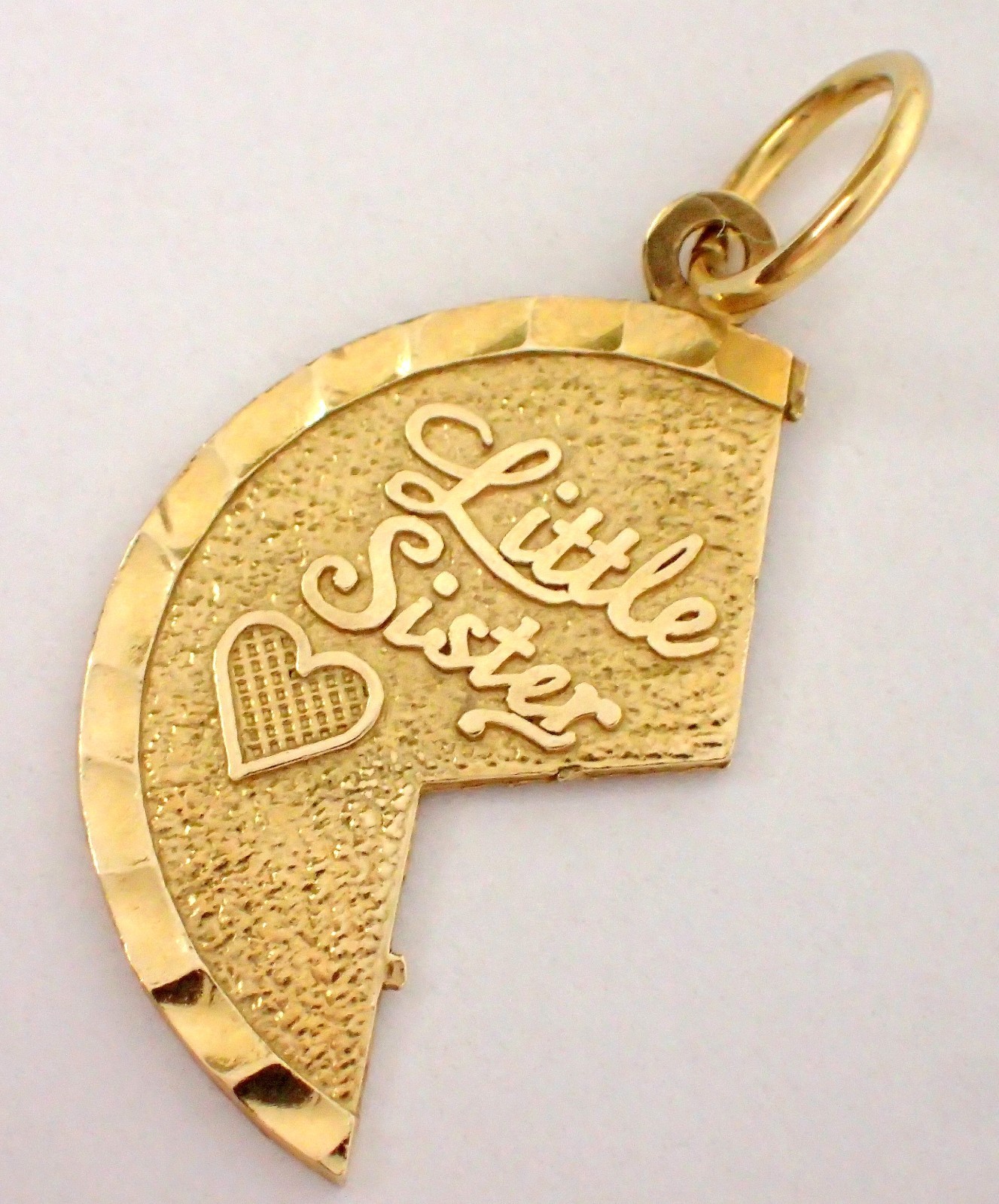 Vtg .8g SOLID 14k Yellow Gold LITTLE SISTER Half Big Sister Heart Charm Pendant