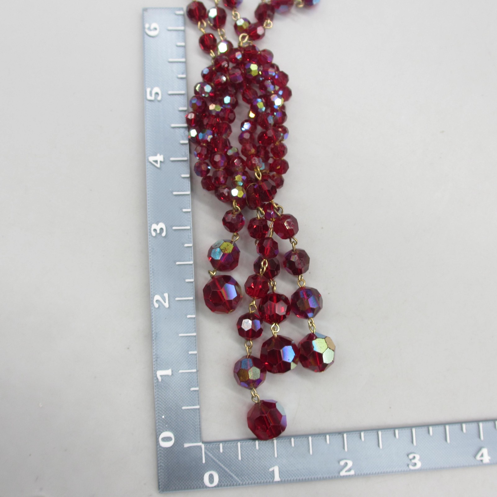 Bergere Necklace Glass AB Bead Red Festoon Tassel Rhinestone ONE MISSING RS 20″
