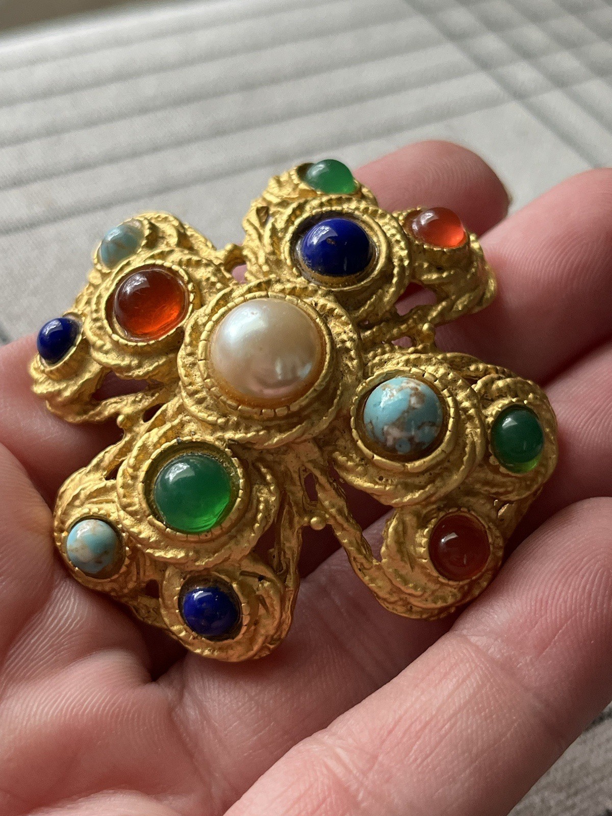 Vintage Maltese Cross Brooch Gripoix Style Gold Glass Cabochon Sphinx HAR