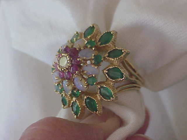 VINTAGE EUROPEAN DIAMOND-EMERALD-RUBY & OPAL STARBRUST RING SZ 5 1/2 RARE FIND