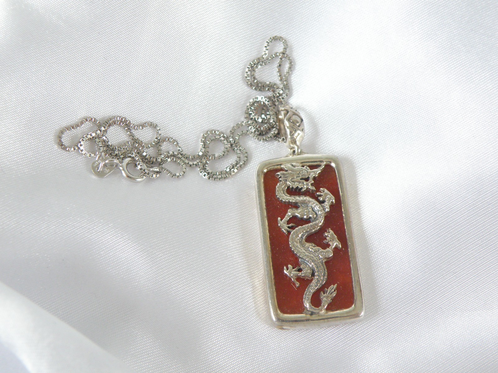 Vintage Sterling Silver 925 Red Jade Asian Dragon Pendant Necklace