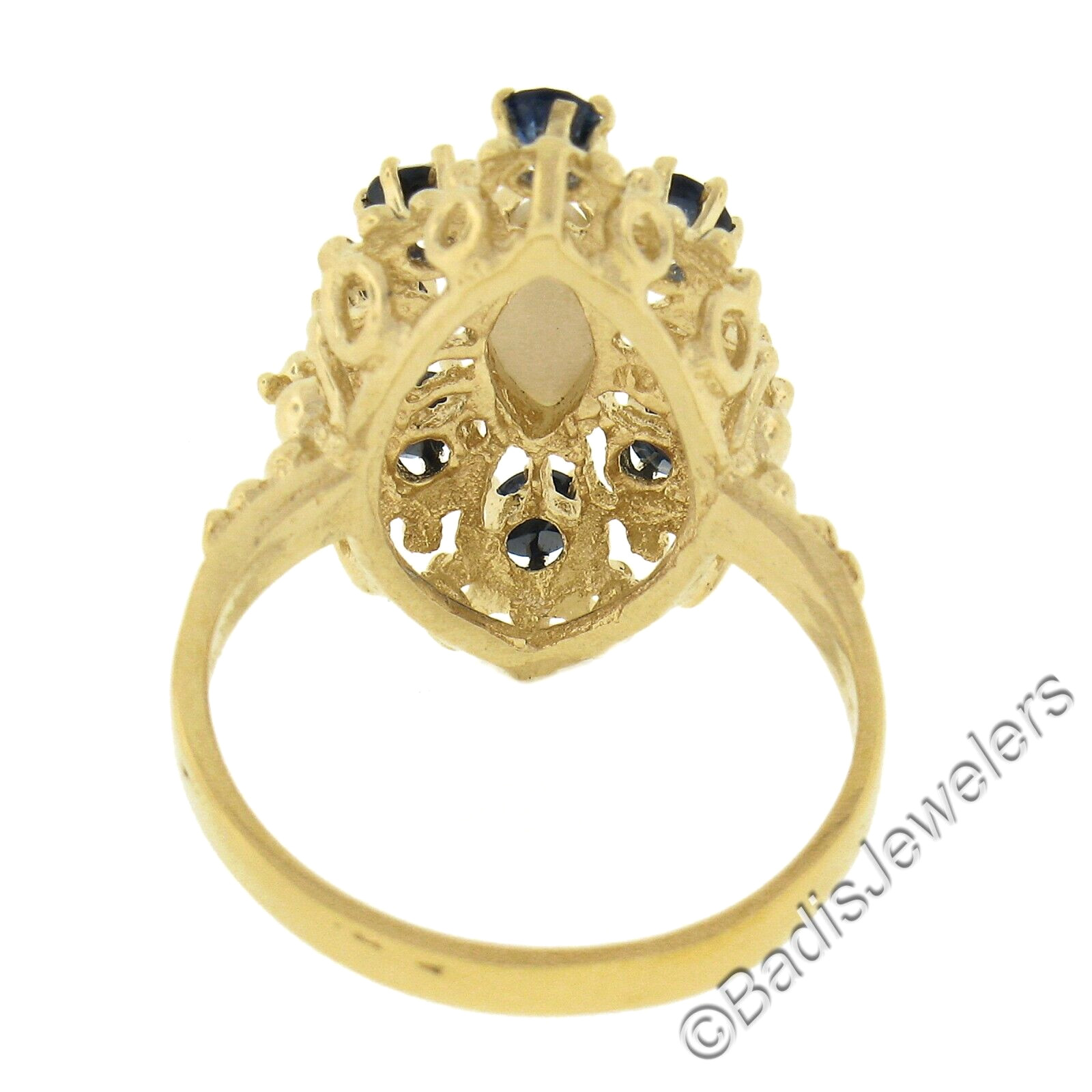 Vintage 14k Gold Marquise Cabochon Opal & .40ct Sapphire Open Textured Work Ring