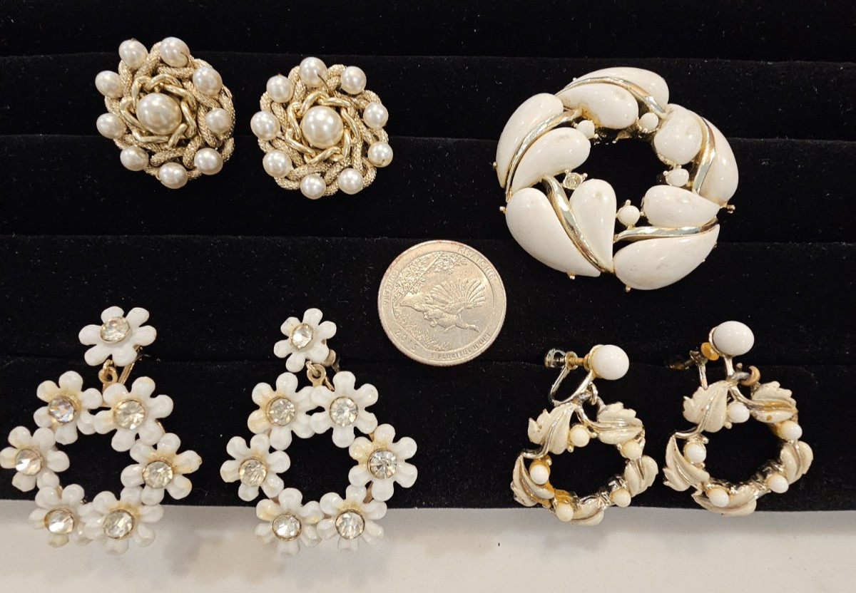 3 Pair of Clip or Screw Back Vintage Earrings and Brooch