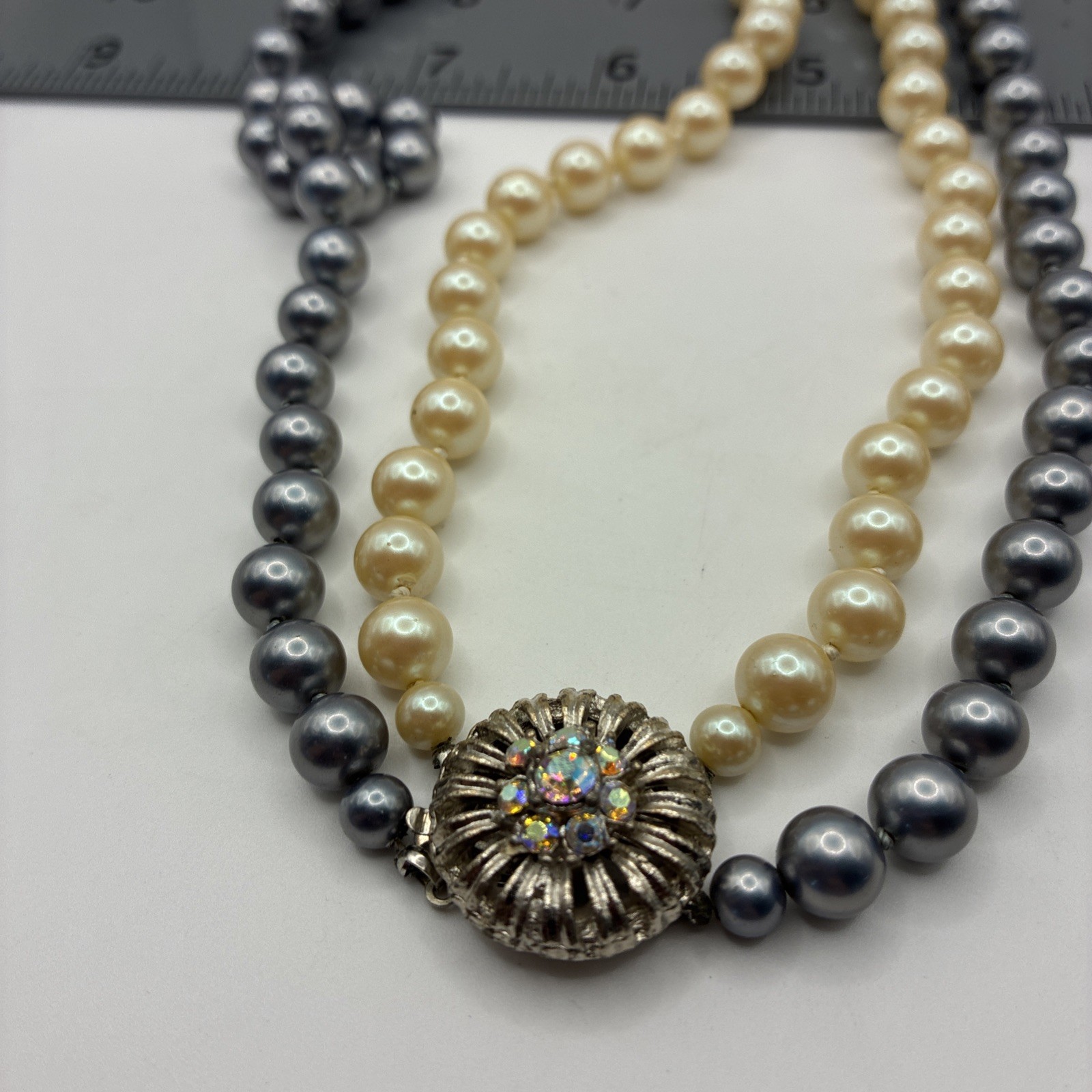 Vintage Double Strand Faux Pearl Necklace Hand Knotted Rhinestone Clasp Wedding