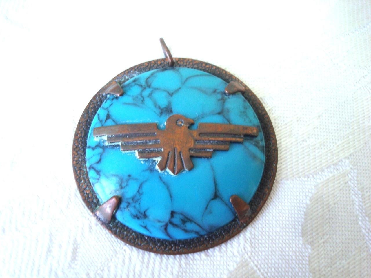 Vintage Copper by Bell Faux Turquoise Pendant With Thunderbird 1 3/4 In. KJ