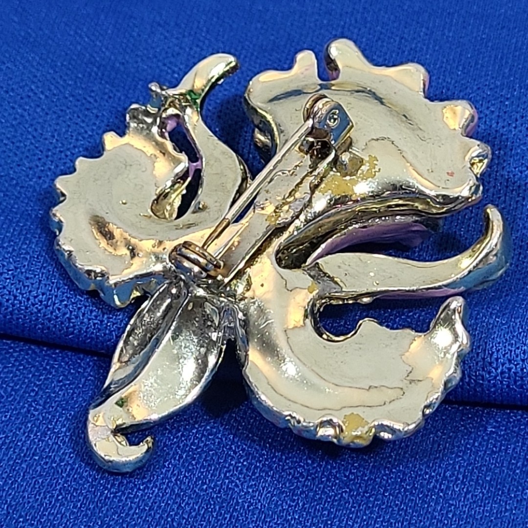 Vintage Enamel Brooch Orchid Flower Purple Ornate Hat Or Lapel Pin