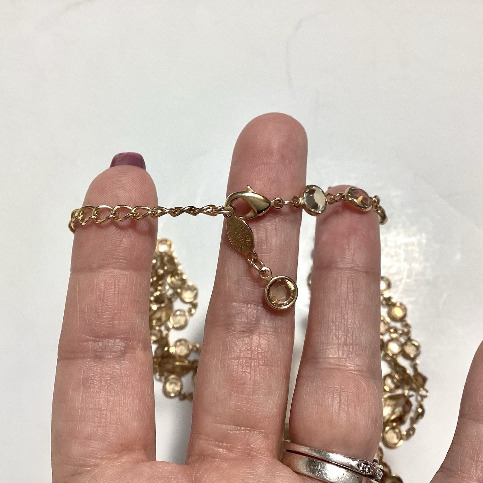 Austrian Crystal USA Signed GoldTone Bezel Champagne Multi-Strand Necklace 24.5”