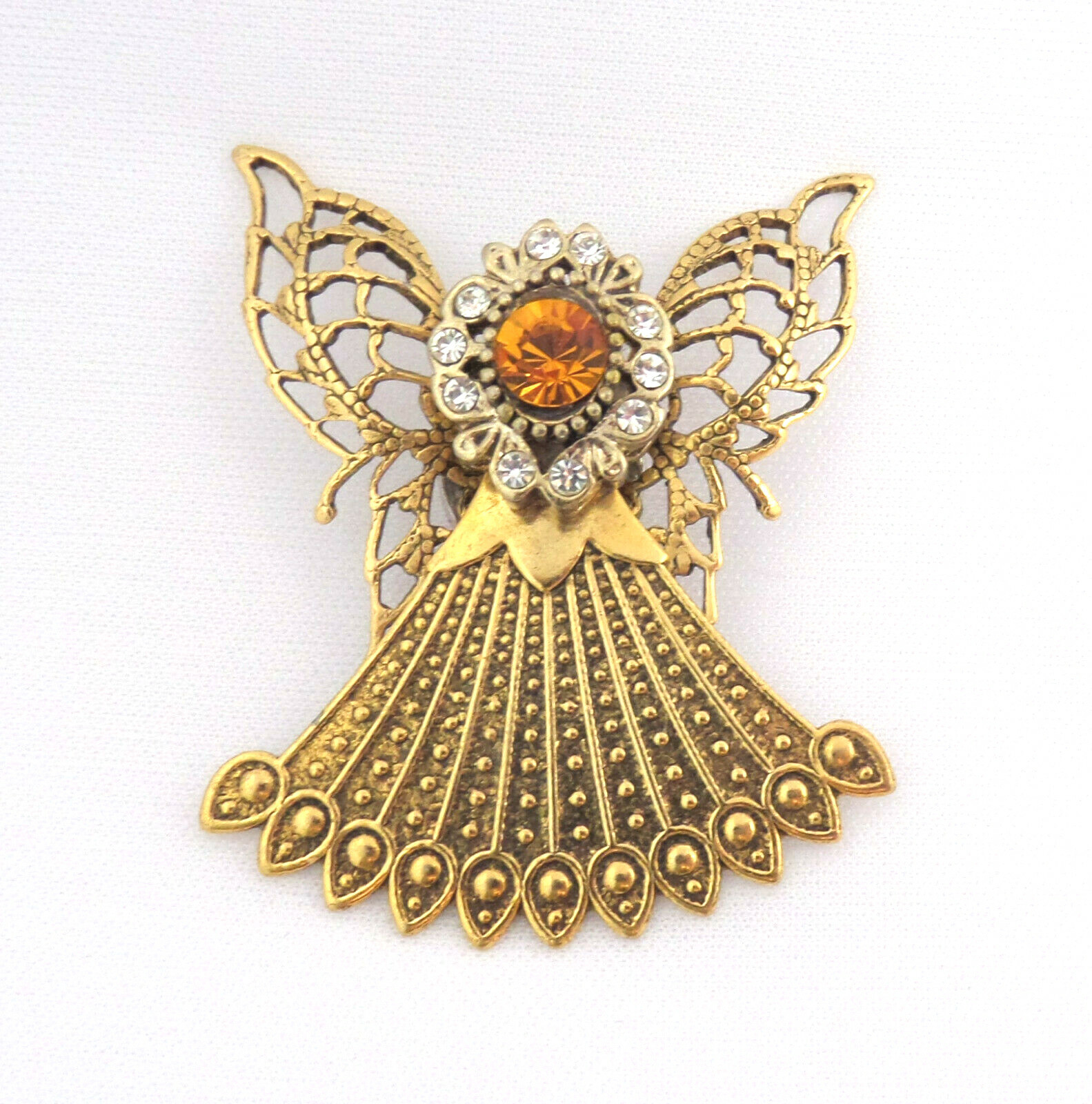 VTG Magnetic Pin Gold Plated Angel w Yellow & Clear Rhinestones Almost 2” Tall