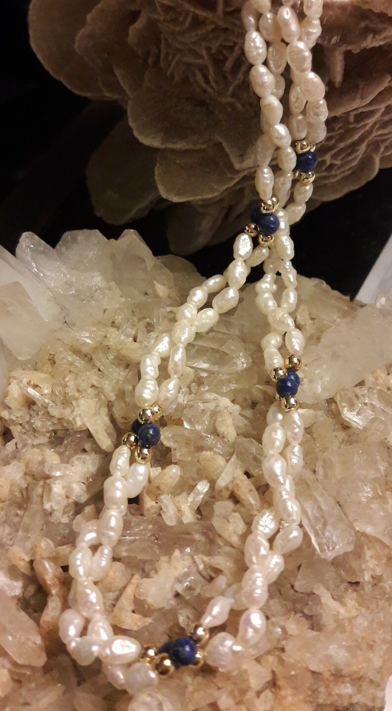 Antique Pearl Lapis Lazuli 18″ Beaded Double Necklace gold tone