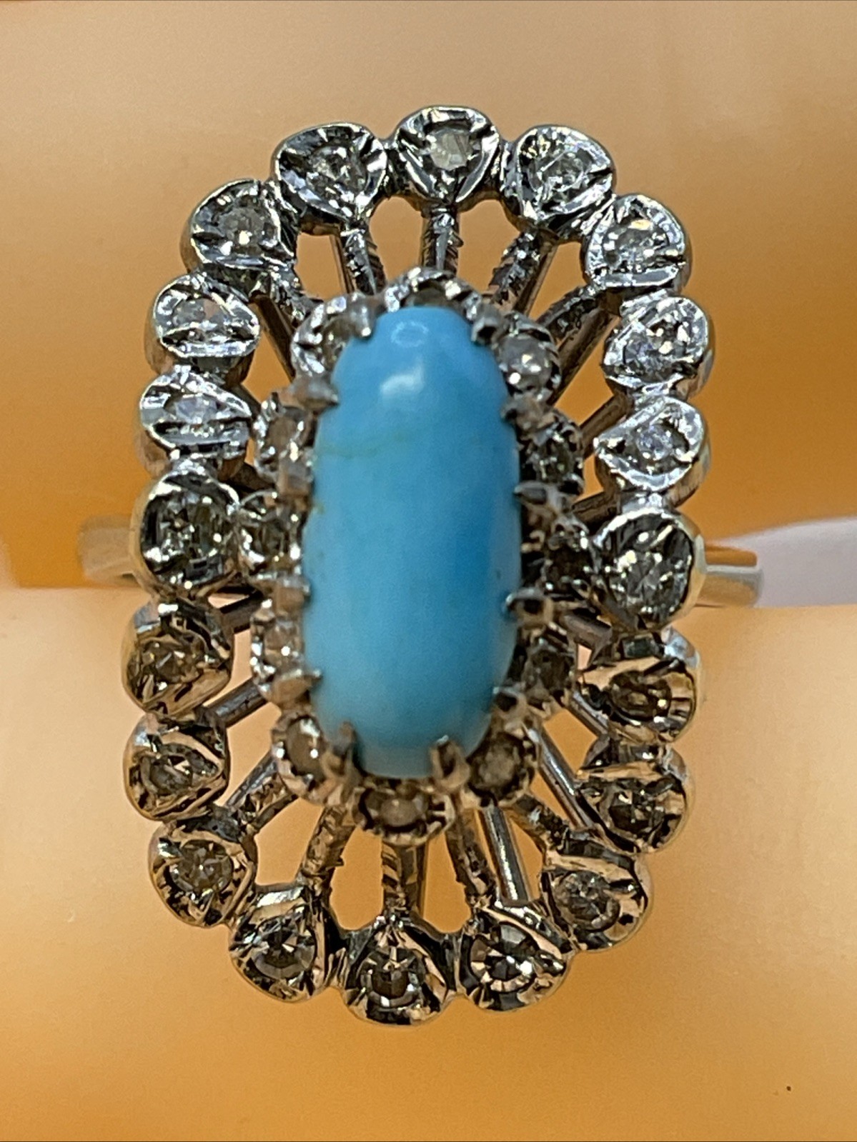 Ladies Ring Solid 18K W.Gold Turquoise & Diamond UNUSUAL DESIGN VINTAGE HANDMADE
