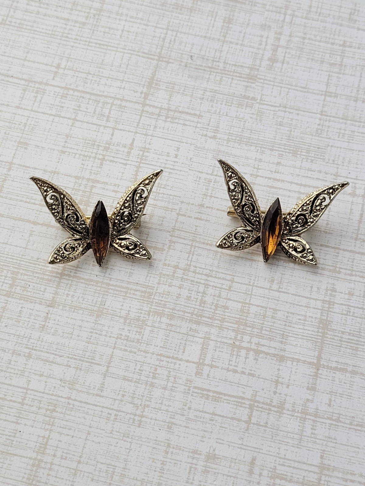 2 Small Gold Tone Butterfly Scatter Pins With Amber Brown Rhinestones 1″