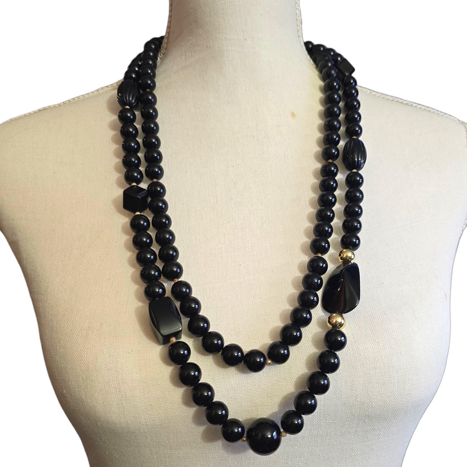 Vintage Necklace Black Beaded Gold Tone Clasp Double Strand 26″ SKU2510
