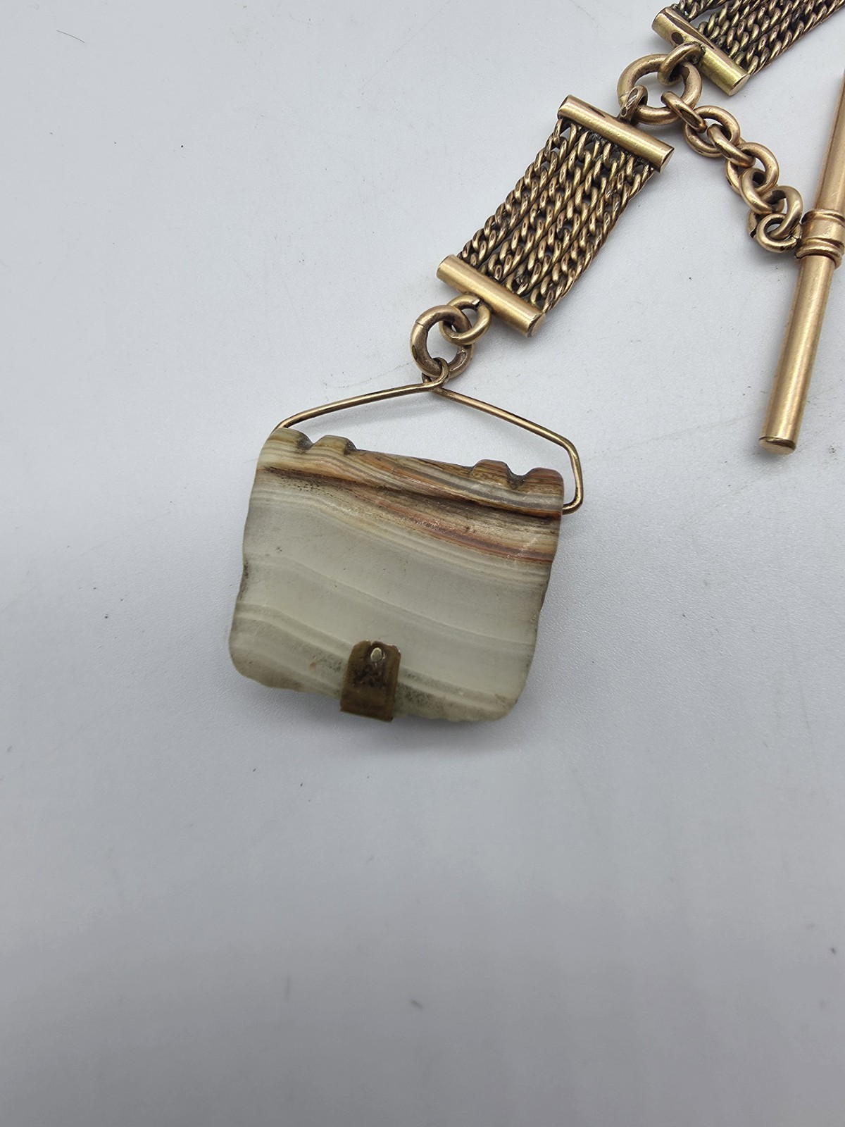 Antique Victorian Gold Filled 4 Strand Mesh Watch Fob Chain Slide Carved Agate