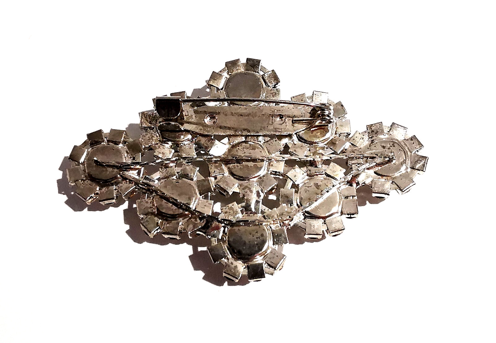 Vintage Czech Brooch Handmade Rhombus Shape Clear Colorless Rhinestones Glass