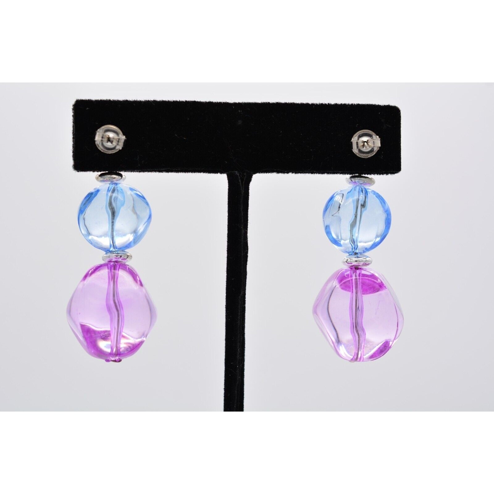 Vintage Lucite Beaded Dangle Earrings Blue Juicy Pink Drop Chunky Bright 80s W1