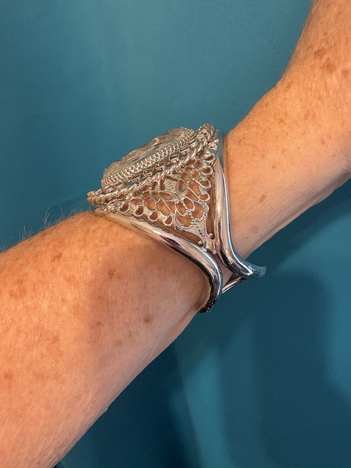 Whiting & Davis massive cuff bracelet clear cut cameo silver tone sz 6.5 vintage
