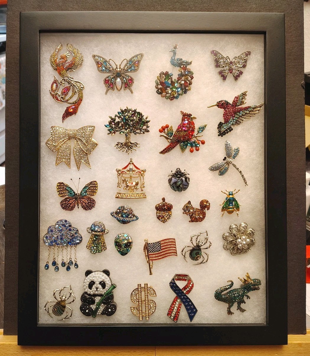 Rhinestone Brooches Lot Of 27 In Glass Front Display Case ** NEW ** ** NICE **