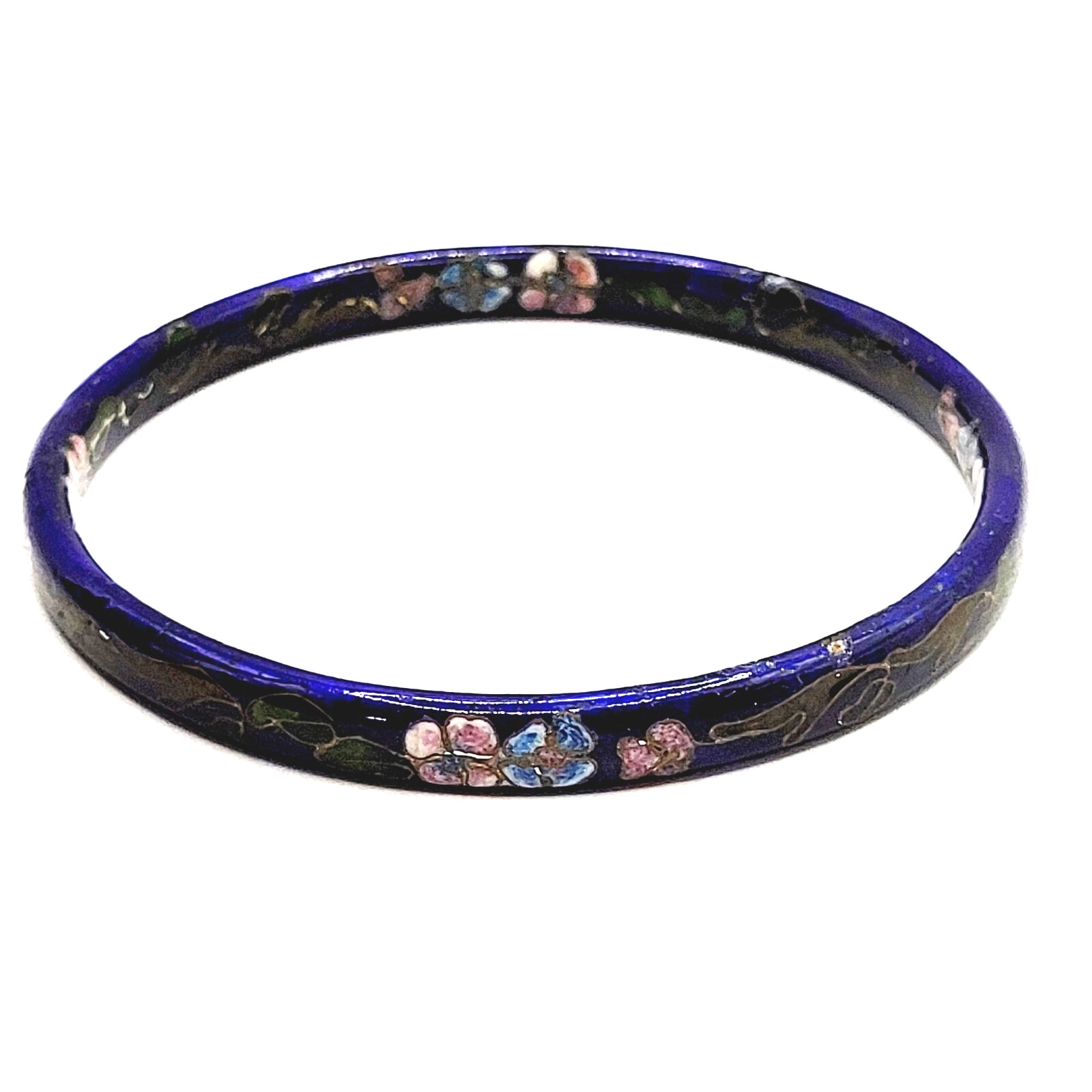 Cloisonné Asian Inspired Dark Cobalt Blue Floral Hand Painted Bangle Bracelet