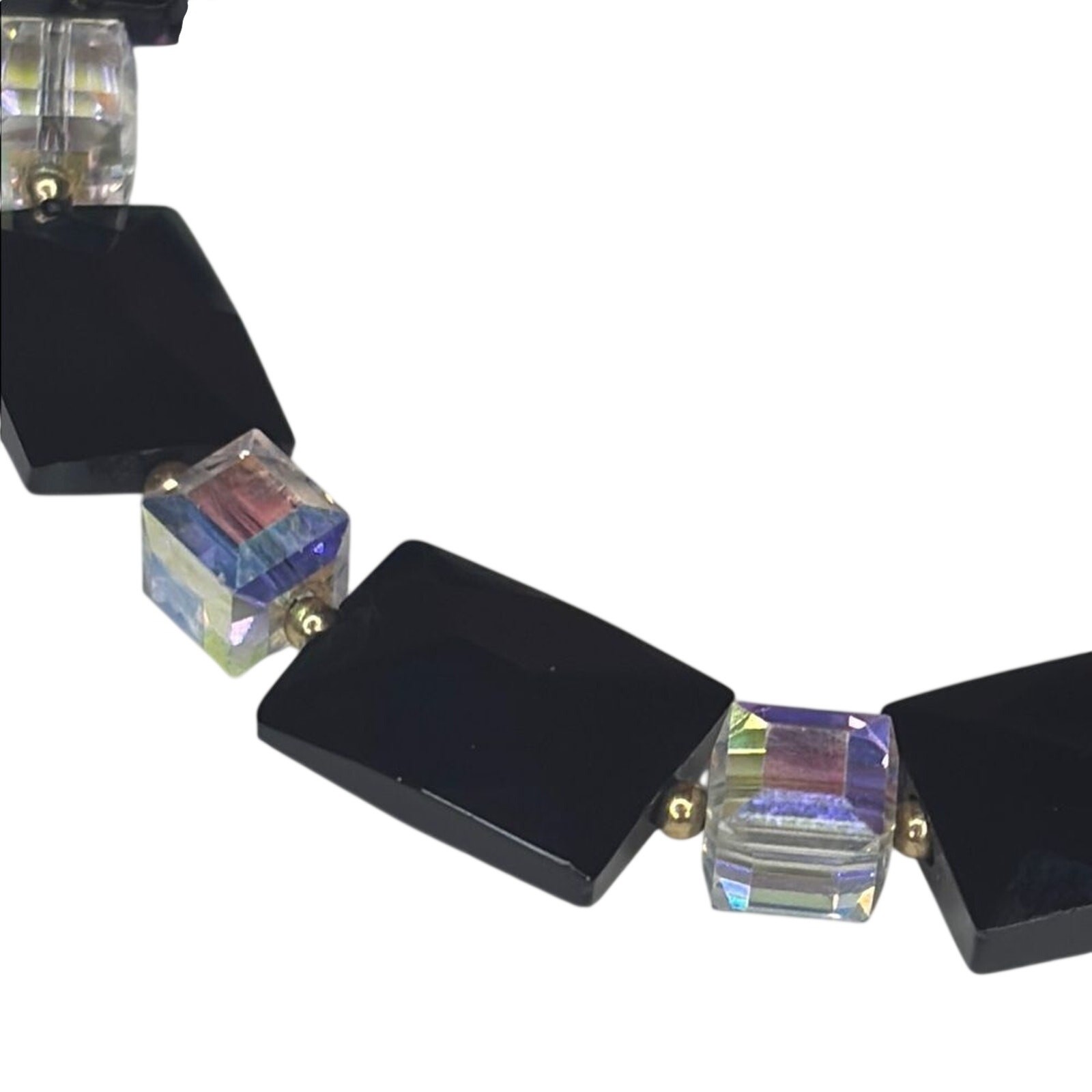 Black Faceted Bead Bracelet Aurora Borealis Crystal Cube Gold Tone Lobster Clasp