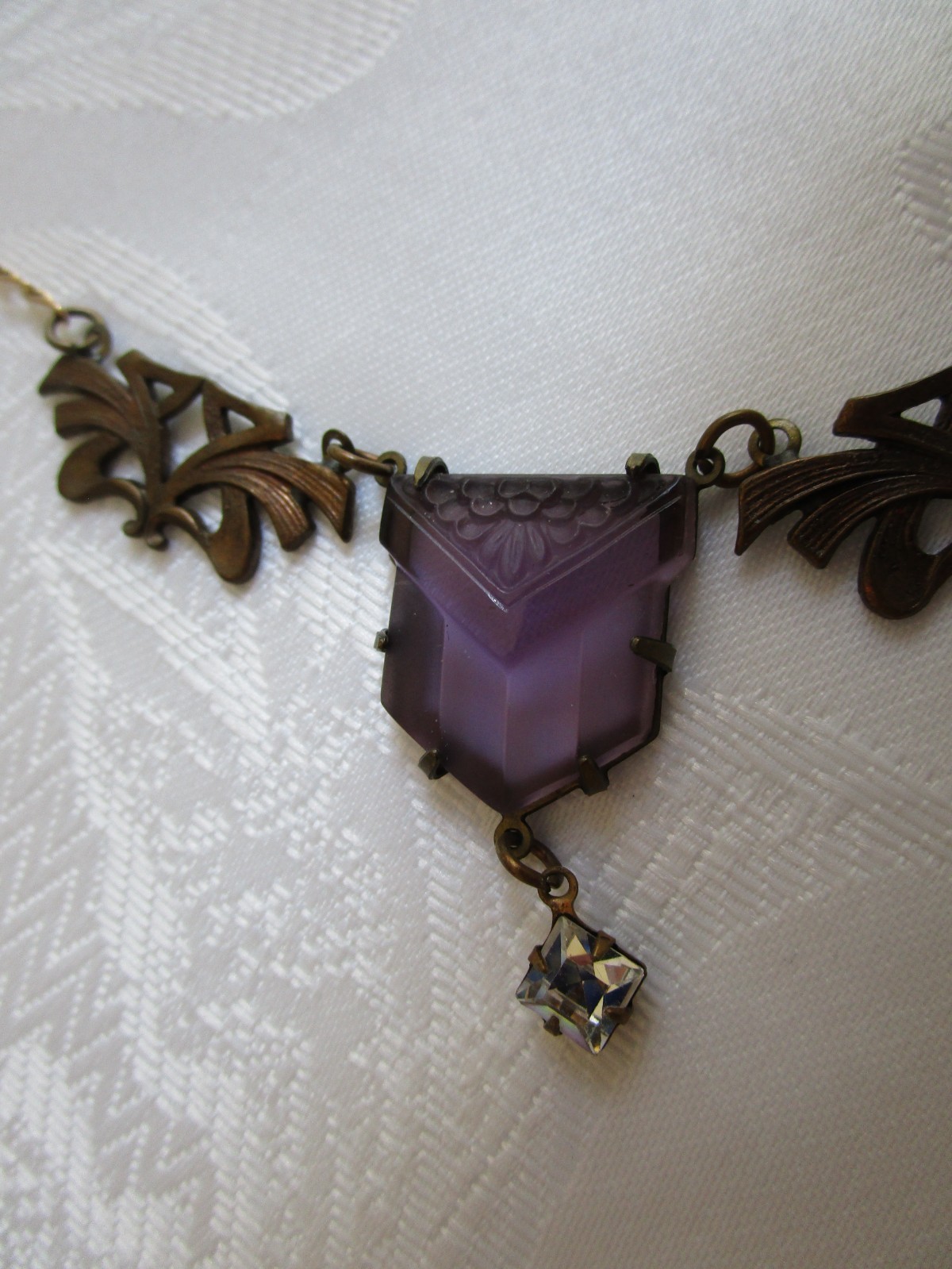 Vintage Glass Works Studio Purple Glass Clear Rhinestone Necklace 19” L Rare