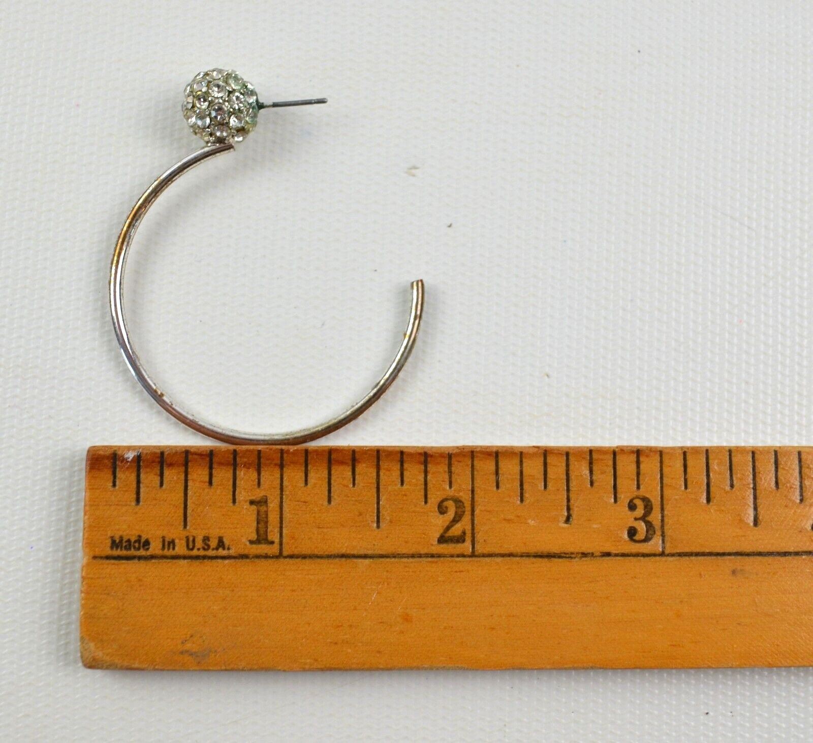 Silver Tone Hoop Pierced Earrings w/ Clear Rhinestoned Sphere 1 .75″ Across