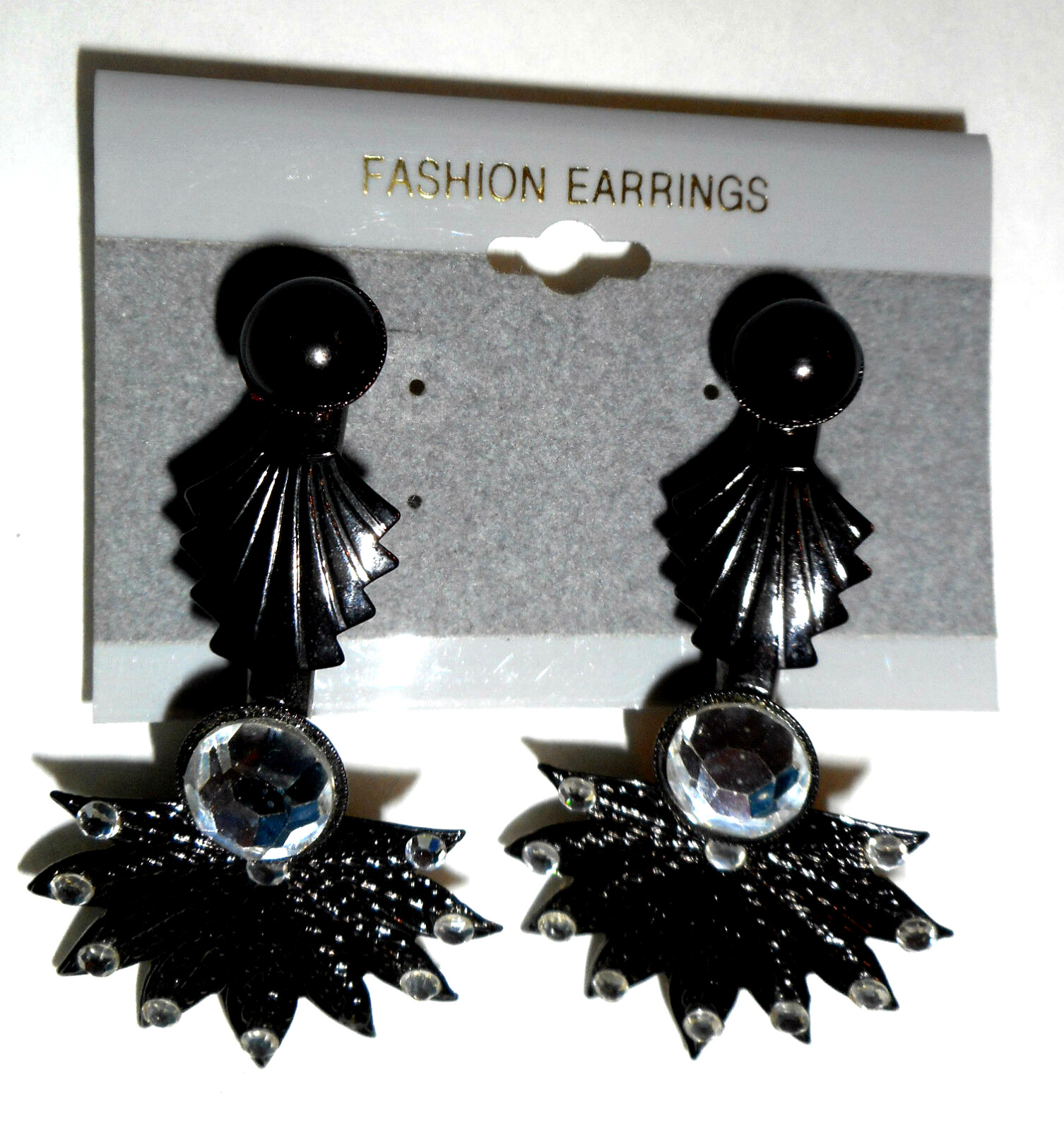 Leaf Shape Black Metal Stud Dangle Earrings with clear Stones 2 1/2″ Vtg Retro