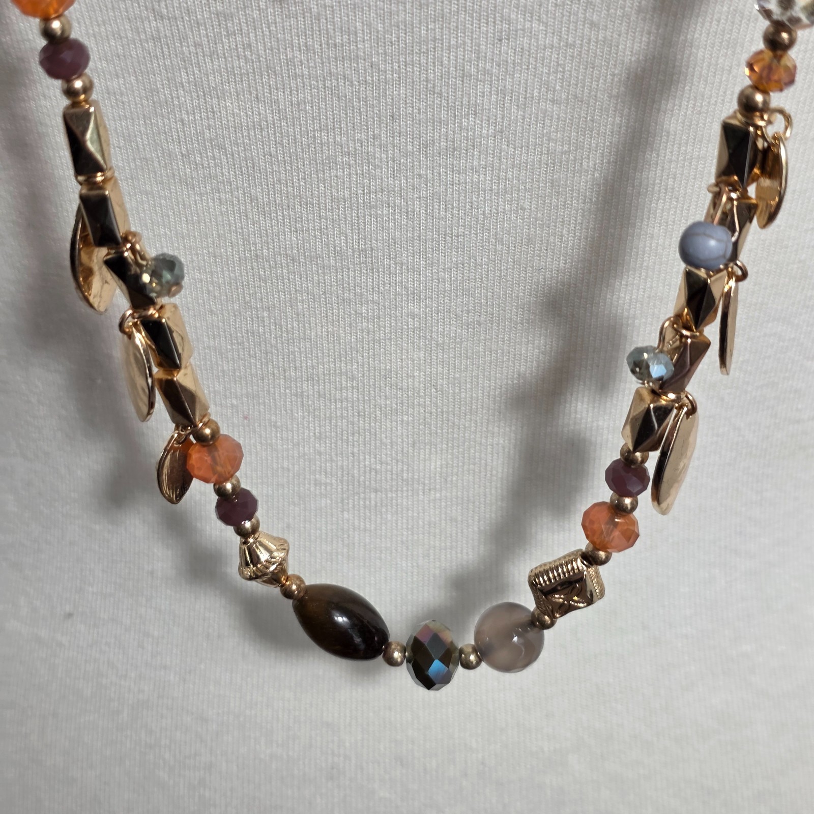 Cato Long Gold Tone Fashion Necklace Multi-Colored Beads & Leaf Charms