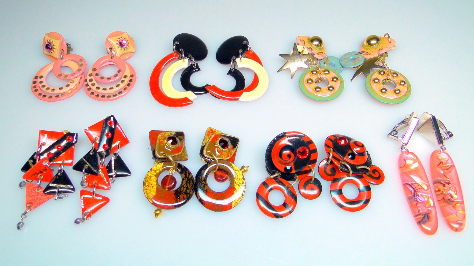 Vintage Lot MAM Designs 80s 90s Statement Earrings 7pr Red Pink Big Hoop Dangle
