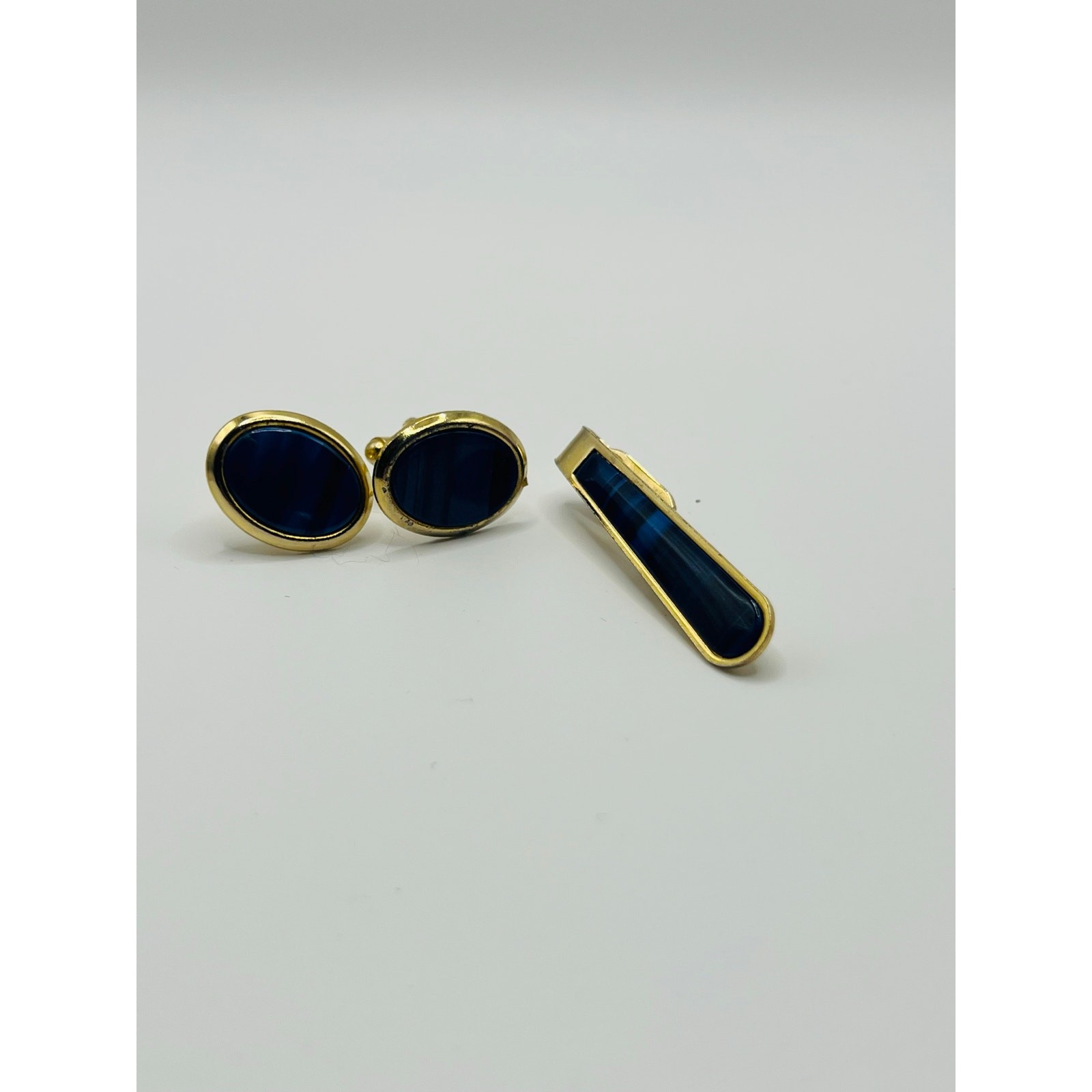 Vintage Gold Tone Blue Oval Cufflinks & Tie Clip Set | Mid Century Men’s