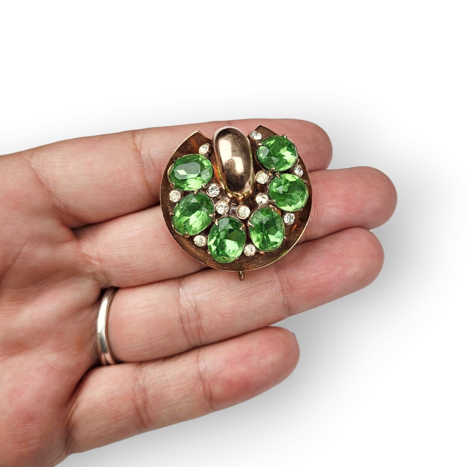 Vintage Green Rhinestone Brooch Rose Gold Plate Lee-Rose Watch Holder Chatelaine