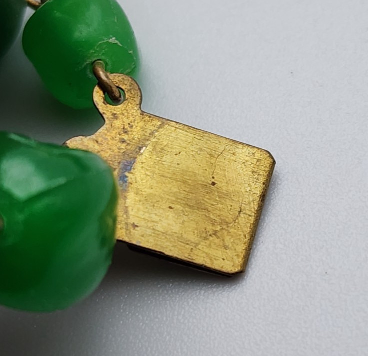 Vtg Green Austrian Crystal Molded Acrylic Bead Necklace 2 Strand 1950s Gold Tone