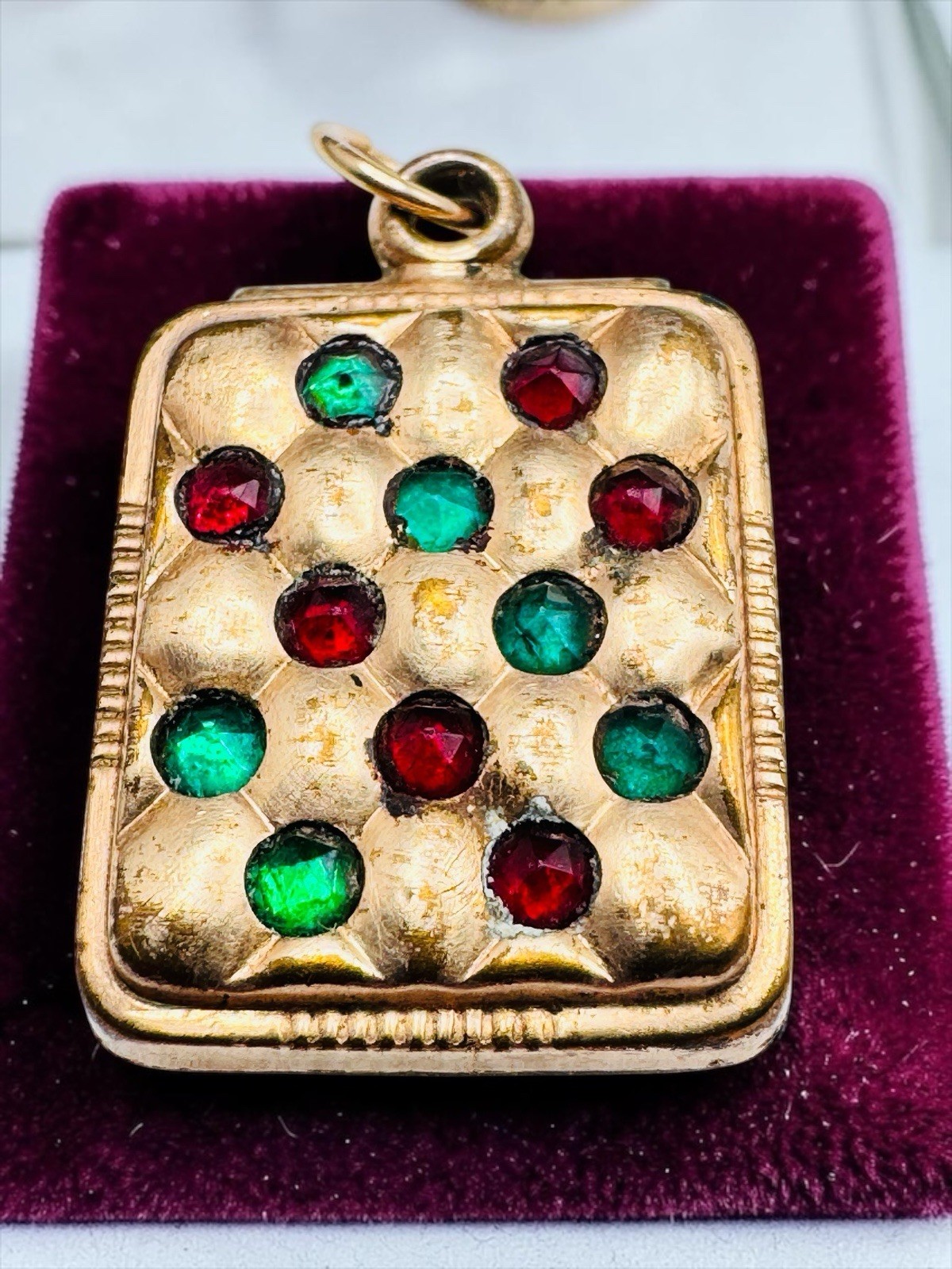 Antique Gold filled Green Red Paste Puffy Pendant