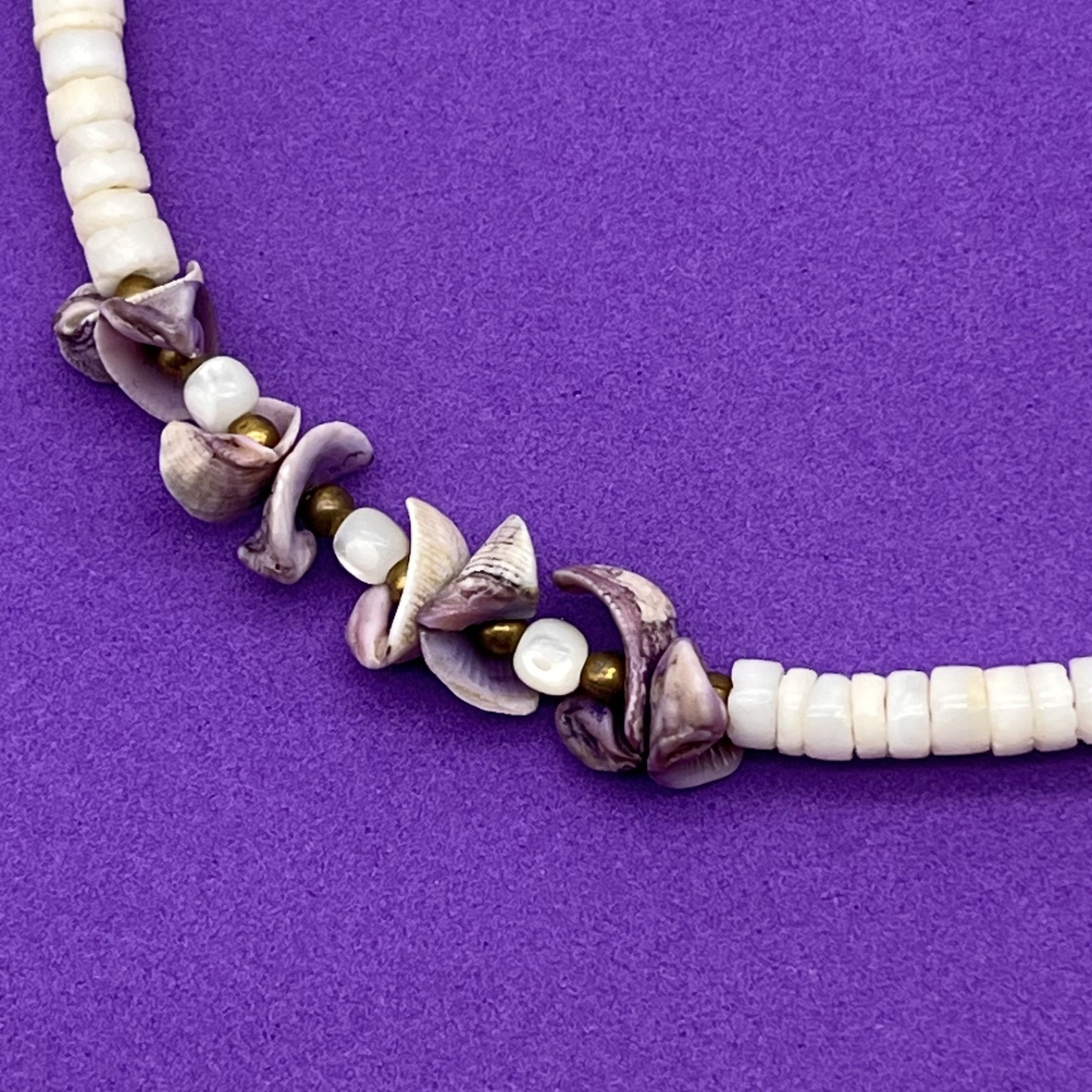 Puka Shell Heishi Surfer Necklace Periwinkle Shell Accents 16″