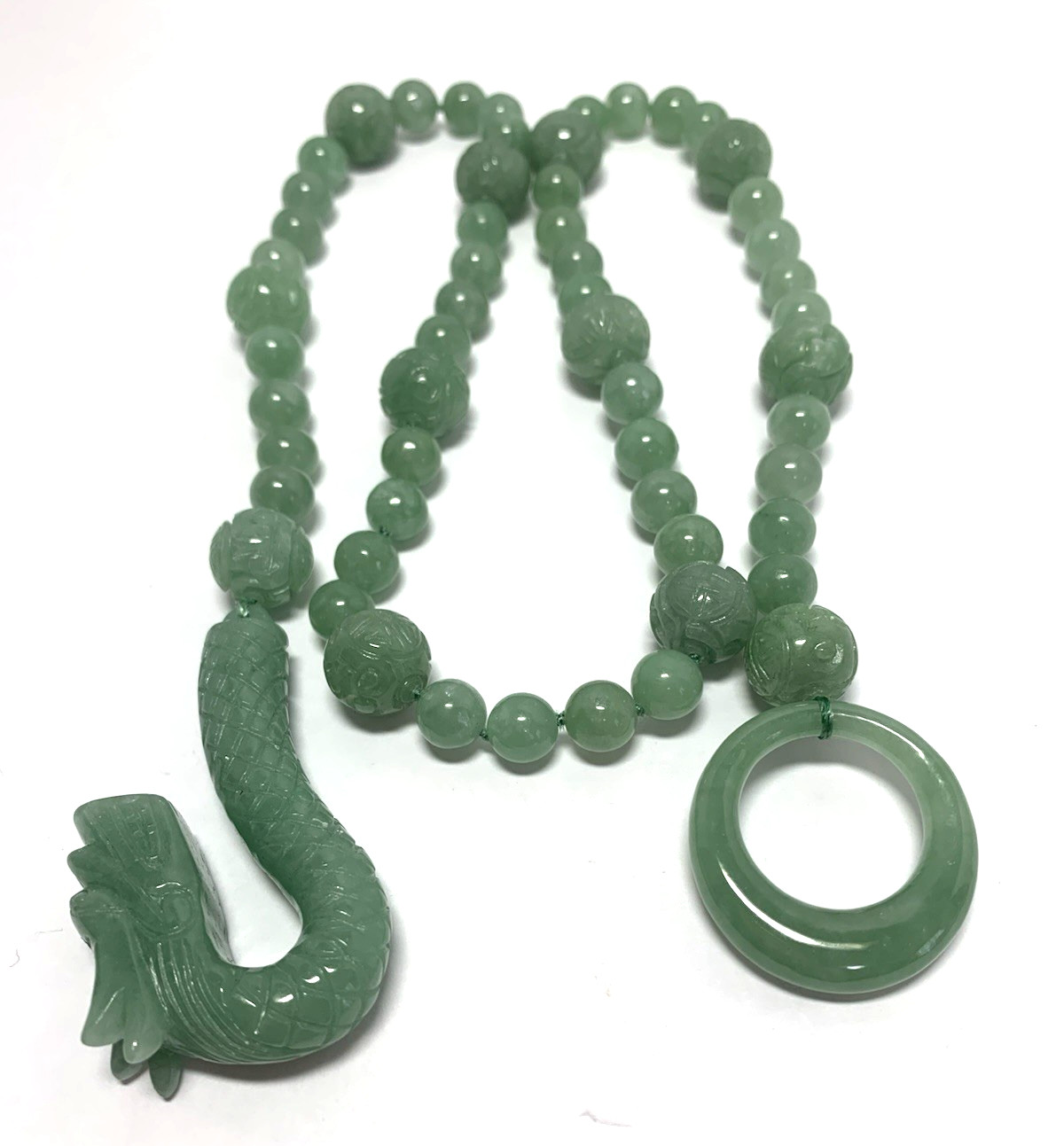 Vintage Hand-Knotted Natural Jadeite Carved Dragon Head & Balls w/ Loop Necklace