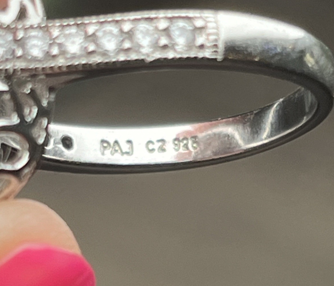 Signed PAJ Sterling 925 Clear CZ Cushion Cut Ring Halo With Side Stones SZ 8 6g