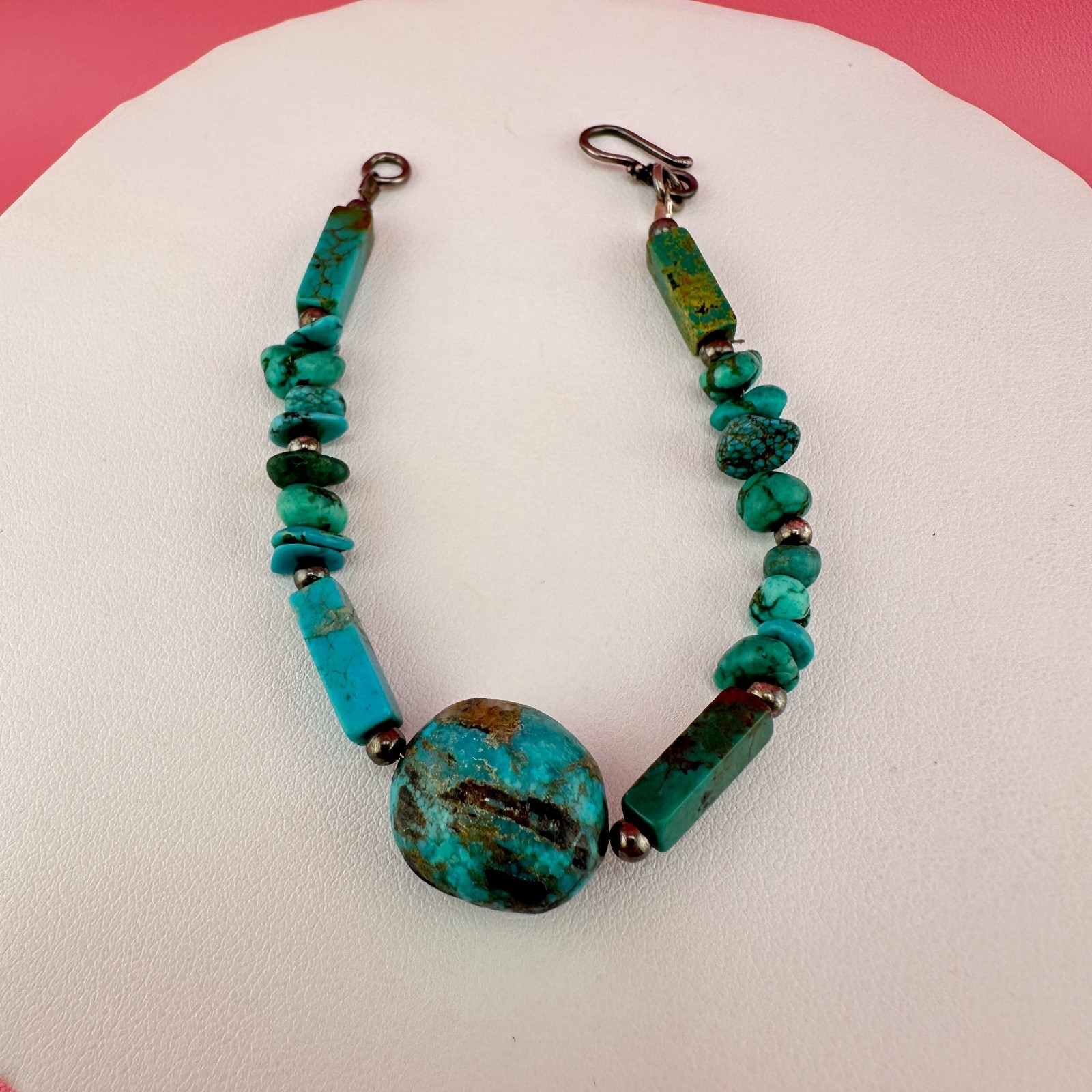 Vintage Turquoise Bead Sterling Silver Bracelet Blue Green South Western 6.25″