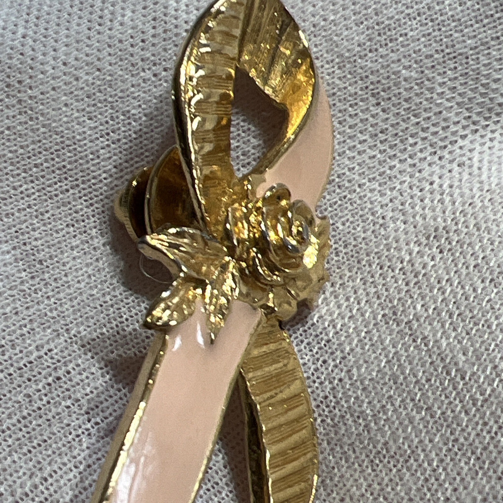 Avon Breast Cancer Lapel Pin Pink Ribbon Rose Gold Plated Enamel Stamped VTG